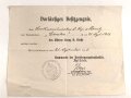 Kaiserliche Marine, vorläufiges Besitzzeugnis für das Eiserne Kreuz 2. Klasse 1914, ausgestellt am 21.9.1916 auf einen Bootsmannsmaaten bei der Nordseevorpostenflotille. Mehrfach gefaltet