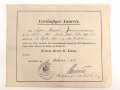 Preussen, vorläufiger Ausweis  für das Eiserne Kreuz 2. Klasse 1914, ausgestellt am 19.10.1918 auf einen Angehörigen im Fußartillerie Regiment 17. Mehrfach gefaltet