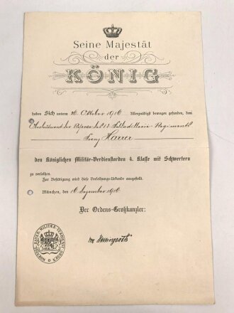Bayern, Verleihungs Urkunde für den königlichen Militär Verdienstorden 4. Klasse mit Schwertern. Ausgestellt am 16.12.1916 auf einen Oberleutnant im Feldartillerie Regiment 12. Gefaltet und gelocht