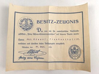 Bayern , Besitzzeugnis für das " Prinz Alfons Erinnerungszeichen", ausgestellt am 29.9.1930