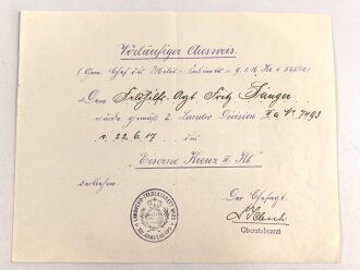 1.Weltkrieg, Vorläufiger Ausweis für das Eiserne Kreuz II.Klasse , ausgestellt am 22.6.1917 auf einen Feldhilfsarzt. Mehrfach gefaltet