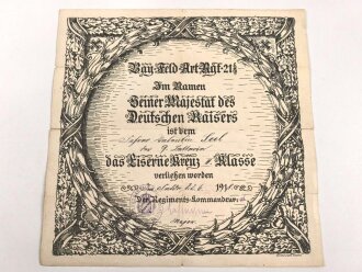 Bayern , Verleihungs Urkunde für das Eiserne Kreuz...
