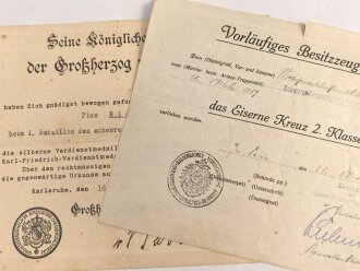 Baden, Verleihungsurkunden eines Matrosen Artilleristen beim schweren Korps Artillerie Regiment 2.