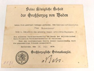 Baden, Verleihungsurkunden eines Matrosen Artilleristen...