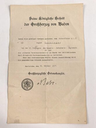 Baden, Verleihungsurkunde für die silberne...
