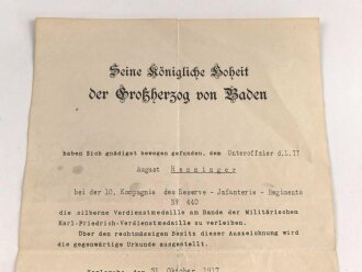 Baden, Verleihungsurkunde für die silberne...