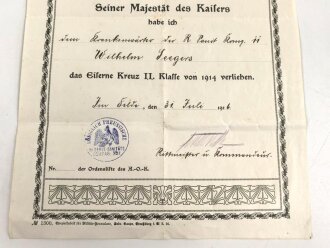 Preussen, Besitz Zeugnis für das Eiserne Kreuz 2. Klasse 1914, ausgestellt am 31.Juli 1916 , DIN A4, mehrfach gefaltet.
