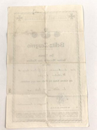 Preussen, Besitz Zeugnis für das Eiserne Kreuz 2. Klasse 1914, ausgestellt am 31.Juli 1916 , DIN A4, mehrfach gefaltet.