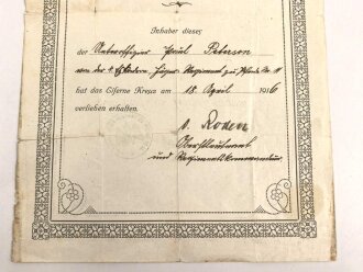 1.Weltkrieg, Vorläufiger Ausweis für das Eiserne Kreuz II.Klasse , ausgestellt am 22.6.1917 auf einen Feldhilfsarzt. Mehrfach gefaltet