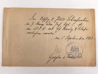 1.Weltkrieg, handgeschriebene, kleinformatige Verleihungsurkunde für das Eiserne Kreuz 2. Klasse, ausgestellt am 5.9.1918 beim Infanterie Regiment 5
