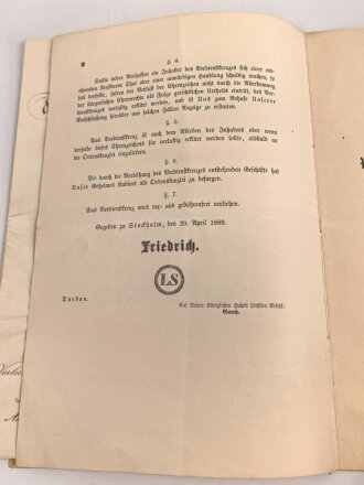 Baden, Verleihungsurkunde zum Verdienstkreuz des Zähringer Löwen, ausgestellt am 24.4.1892 . Großformatig, mehrfach geknickt, dazu die Statuten.