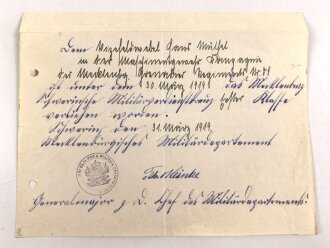 Mecklenburg Schwerin, Verleihungsurkunde zum Militär...