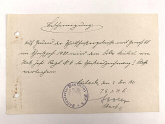Reichswehr, Bescheinigung zur Verleihung der Schießauszeichnung  I.Klasse 1920, ausgestellt am 2.11.1921 bei Infanterie Regiment 6,  gelocht und gefaltet