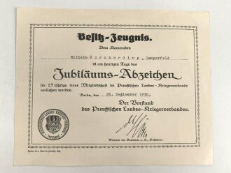 Preussischer Landes Kriegerverband , Besitz Zeugnis zum Jubiläums Abzeichen für 25 jährige treue Mitgliedschaft, ausgestellt am 25.9.1930
