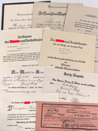 Gruppe Verleihungsurkunden für einen bayrischen Frontkämpfer im 1.Weltkrieg.