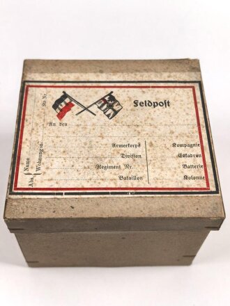 1.Weltkrieg, Feldpostpaket  mit zu befüllender Metalldose. Maße des Karton 7,5 x 10,5 x 10,5cm