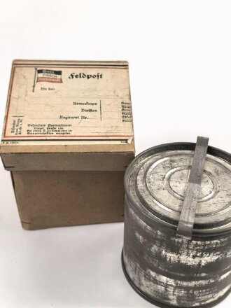 1.Weltkrieg, Feldpostpaket mit zu befüllender Metalldose. Maße des Karton 9 x 9 x 9cm
