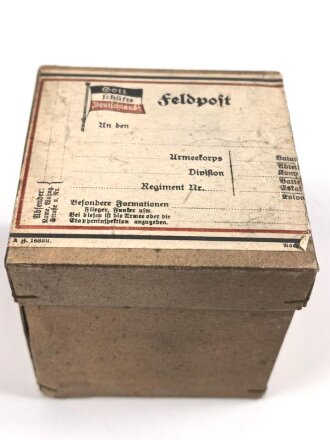 1.Weltkrieg, Feldpostpaket mit zu befüllender Metalldose. Maße des Karton 9 x 9 x 9cm