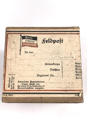 1.Weltkrieg, Feldpostpaket mit zu befüllender Metalldose. Maße des Karton 9 x 9 x 9cm