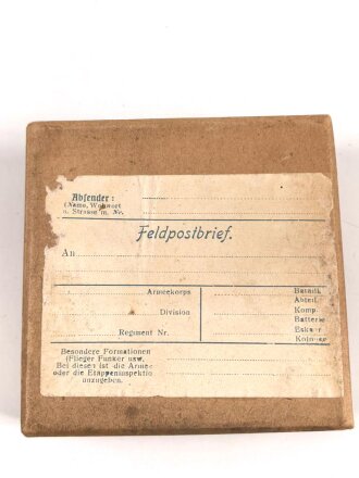 1.Weltkrieg, "Feldpostbrief" mit zu befüllendem Flachmann aus Metall. Maße des Karton 4 x 10,5 x 10,5cm