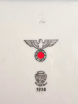 Heer, Kantinenporzellan große, eckige Schale, Kantenlänge 27cm, Hersteller Rhenania Duisdorf-Bonn 1938. Gebraucht