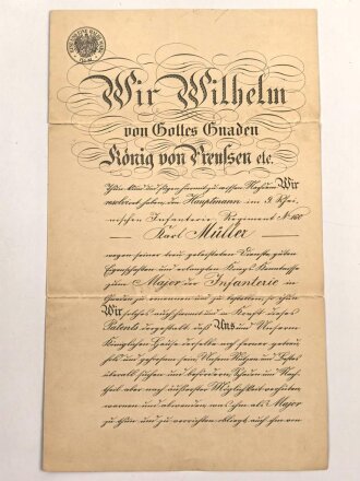 Kaiser Wilhelm II, eigenhändige Unterschrift auf meiner Bestallung zum Major der Infanterie. Datiert 1905, mehrfach gefaltet, an den Falten zum Teil eingerissen