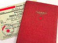 NSDAP Mitgliedsbuch Ausgabe 1935. Ausgestellt im Februar 1936 auf einen Angehörigen der SA. Uniformfoto , Marken und Spenden geklebt bis 1944. Dazu seine Mitgliedsbescheinigung von 1933