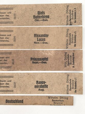 Reichsnährstand , Fünf Pappetiketten für Obstkonserven