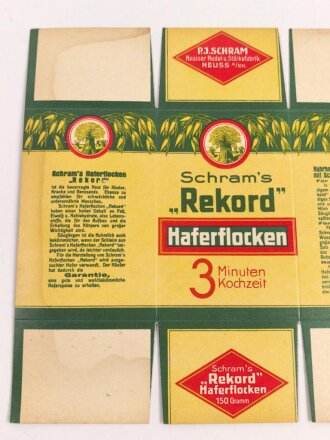 Verpackung " Schram´s Rekord Haferflocken " Maße 19 x 24,5cm, ungebrauchtes Firmenmuster
