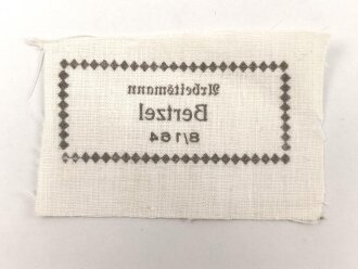 Reichsarbeitsdienst , Wäscheetikett für einen Arbeitsmann 8/164, ca. 4 x 6,5 cm, Textil, ungebraucht, sie erhalten ein( 1 ) Stück