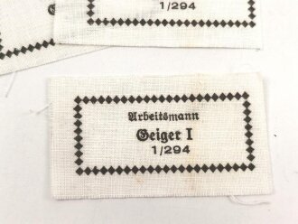 Reichsarbeitsdienst , Wäscheetikett für einen Arbeitsmann "Steiger 1/294", ca. 3,5 x 6 cm, Textil, ungebraucht, sie erhalten ein( 1 ) Stück