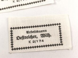 Reichsarbeitsdienst , Wäscheetikett für einen Arbeitsmann "Oesterreicher K2/174", ca. 3,5 x 6 cm, Textil, ungebraucht, sie erhalten ein( 1 ) Stück