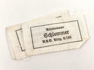 Reichsarbeitsdienst , Wäscheetikett für einen Arbeitsmann "Schlemmer RAD Abtl 6/135", ca. 3,5 x 6 cm, Textil, ungebraucht, sie erhalten ein( 1 ) Stück