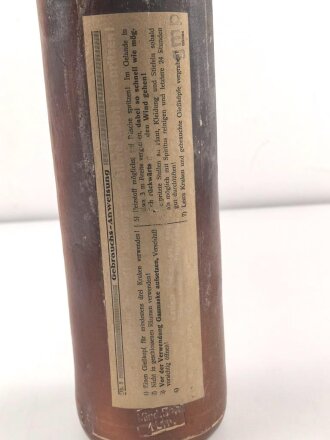 Reizstoff Flasche (leer), zum Testen von Gasmasken Wehrmacht, Originales Etikett, gmp = Schering, Höhe mit Stopfen etwa 30cm
