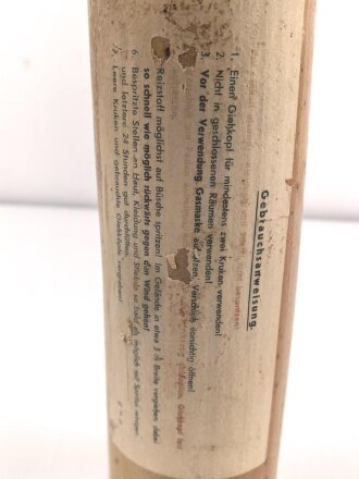 Reizstoff Flasche (leer), zum Testen von Gasmasken Wehrmacht, Originales Etikett, gmp = Schering, Höhe mit Stopfen etwa 30cm