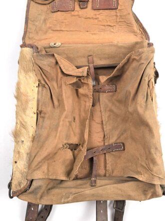 1.Weltkrieg Tornister , datiert 1915. Ungereinigter Fundzustand, Leder zum Teil trocken