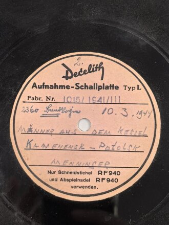 Decelith Aufnahme Schallplatte Typ L " Männer...