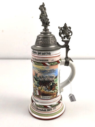Hessen, Reservistenkrug eines Angehörigen 1.Großherzogl. Hess. Garde Dragoner Regiment Nr. 23 Darmstadt 1904-1907. Normale Gebrauchsspuren