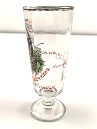 Andenkenglas eines Angehörigen im Kavallerie Regiment 18 anlässlich des 80.Kurs der Heeres Lehrschmiede München 1938. Höhe 21cm , Goldrand etwas verblasst, sonst einwandfrei