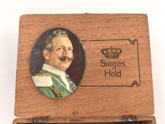 1.Weltkrieg, Zigarrenverpackung "Siegesheld" Verschluss defekt, Maße etwa 11,5 x 14,5 x 4cm