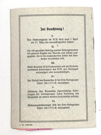 Reichsluftschutzbund Mitgliedsausweis. Orts-Kreisgruppe Neusatdt an der Weinstrasse. Ausgefüllt, mit Beitragsmarken, in gutem Zustand, sie erhalten ein ( 1 ) Stück