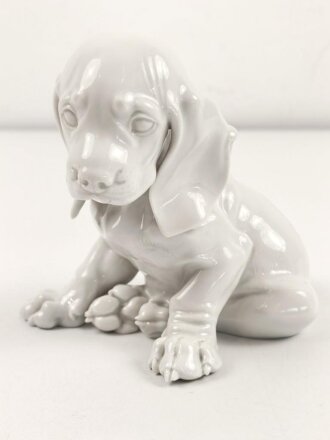 Porzellanmanufaktur Allach, Dackel sitzend, Entwurf "T.Kärner" eine Kralle am rechten Fuß beschädigt, sonst einwandfrei