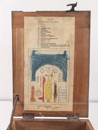 1.Weltkrieg, Transportkasten Holz " Vorratsteile schwere Feldhaubitze 09" Originallack, Maße etwa 24 x 34 x 15cm