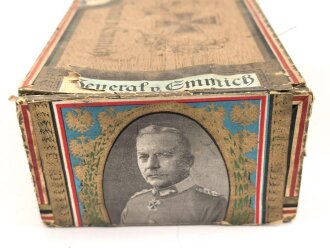 1.Weltkrieg, patriotische Zigarrenverpackung " General v. Emmich" Maße etwa 12 x 18 x 7cm. defekt, ungereinigt