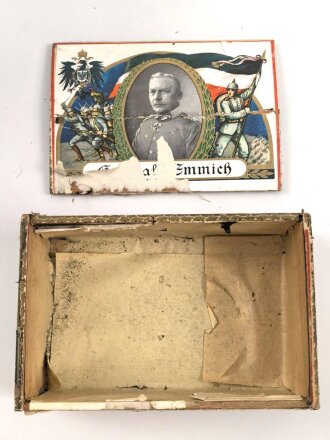 1.Weltkrieg, patriotische Zigarrenverpackung " General v. Emmich" Maße etwa 12 x 18 x 7cm. defekt, ungereinigt