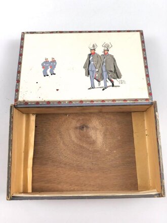 1.Weltkrieg, patriotische Zigarrenverpackung " Habt acht" Maße etwa 15x 24 x 6,5cm. defekt, ungereinigt