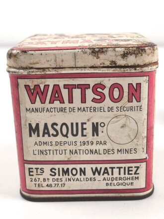 Belgien, zwei Blechdosen für Gasmaske Wattson Modell 2