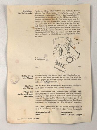 Deutschland,  Volksschutzmaske VM7 aus dem 1960iger Jahren, mit Filter, Gebrauchsanweisung und Umkarton. Maske defekt