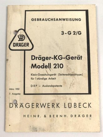 Deutschland nach 1945, Gebrauchsanweisung für das Dräger KG Gerät Modell 210, datiert 1952, 19 Seiten, DIN A6, gelocht