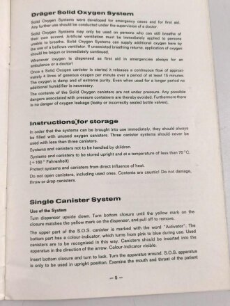 Dräger, Festsauerstoff-Geräte Betriebsanleitung in vier Sprachen, datiert 1975, 12 Seiten, DIN A5